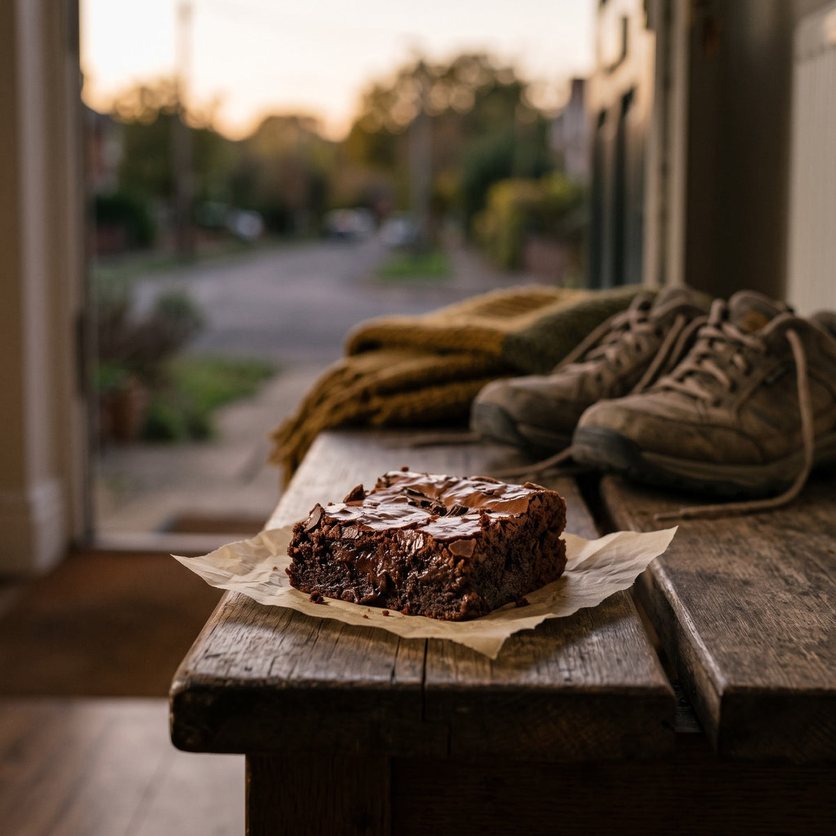 Munchyhub chocolate brownie on parchment beside walking shoes and a knit scarf by an open front door at dusk