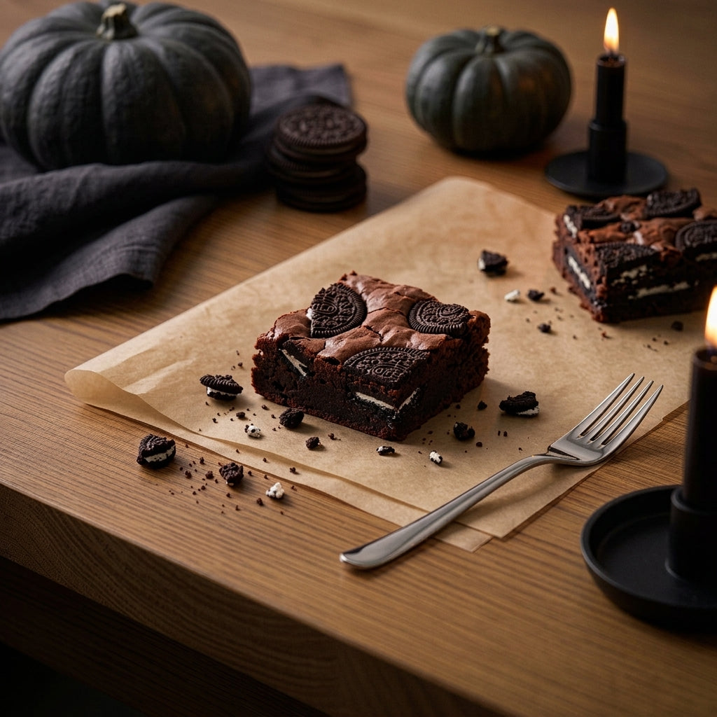 A Munchyhub Oreo Brownie on parchment paper on an oak table by candlelight, with dark pumpkins and black candles for Halloween