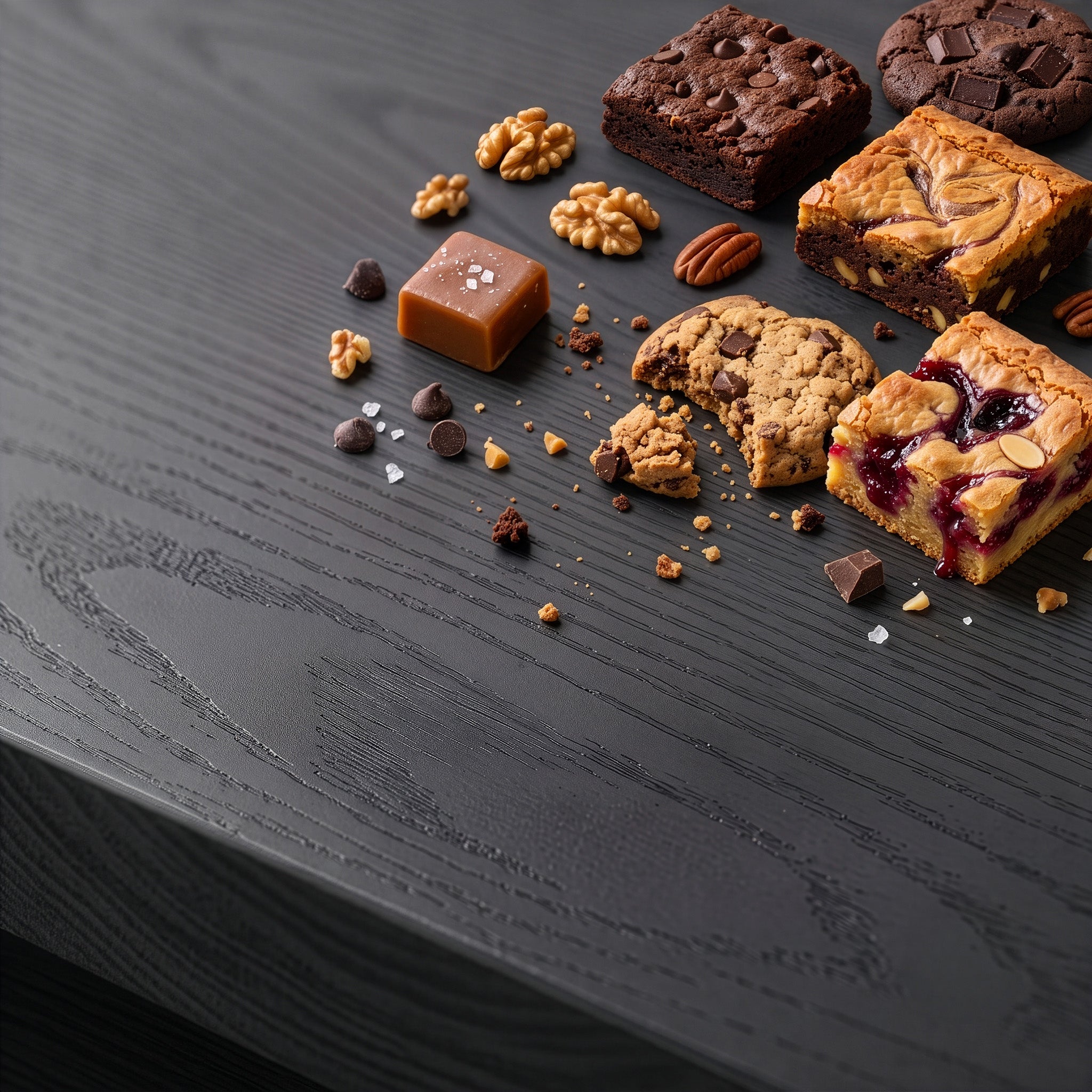 A variety of brownies, blondies, and cookies on a dark charcoal table top.