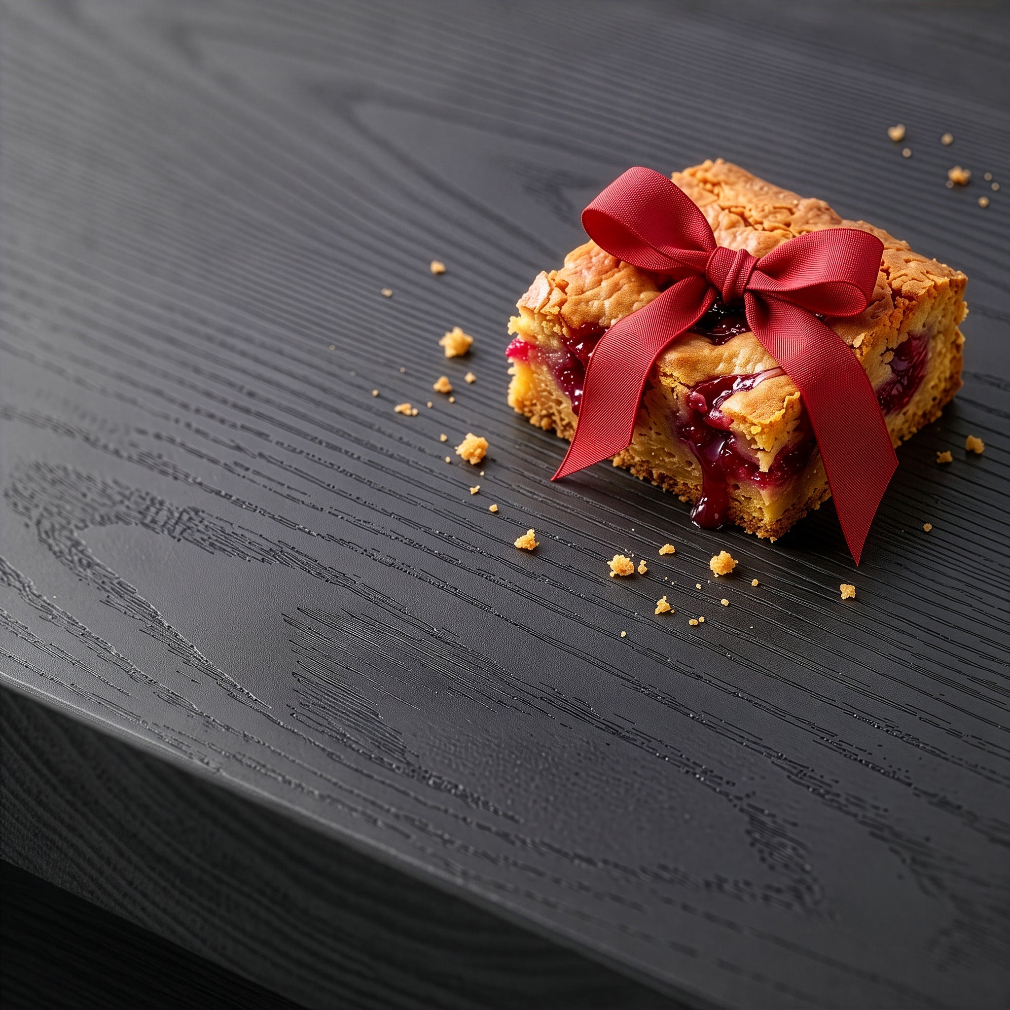 Best selling red ribbon on a blondie on a dark charcoal table top.