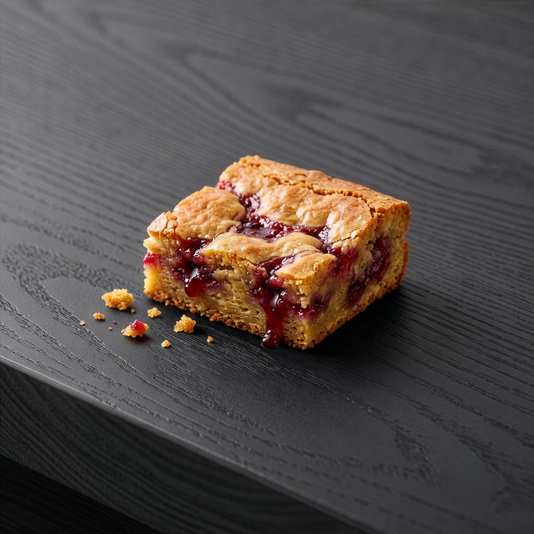 Raspberry blondie on a dark charcoal table top.