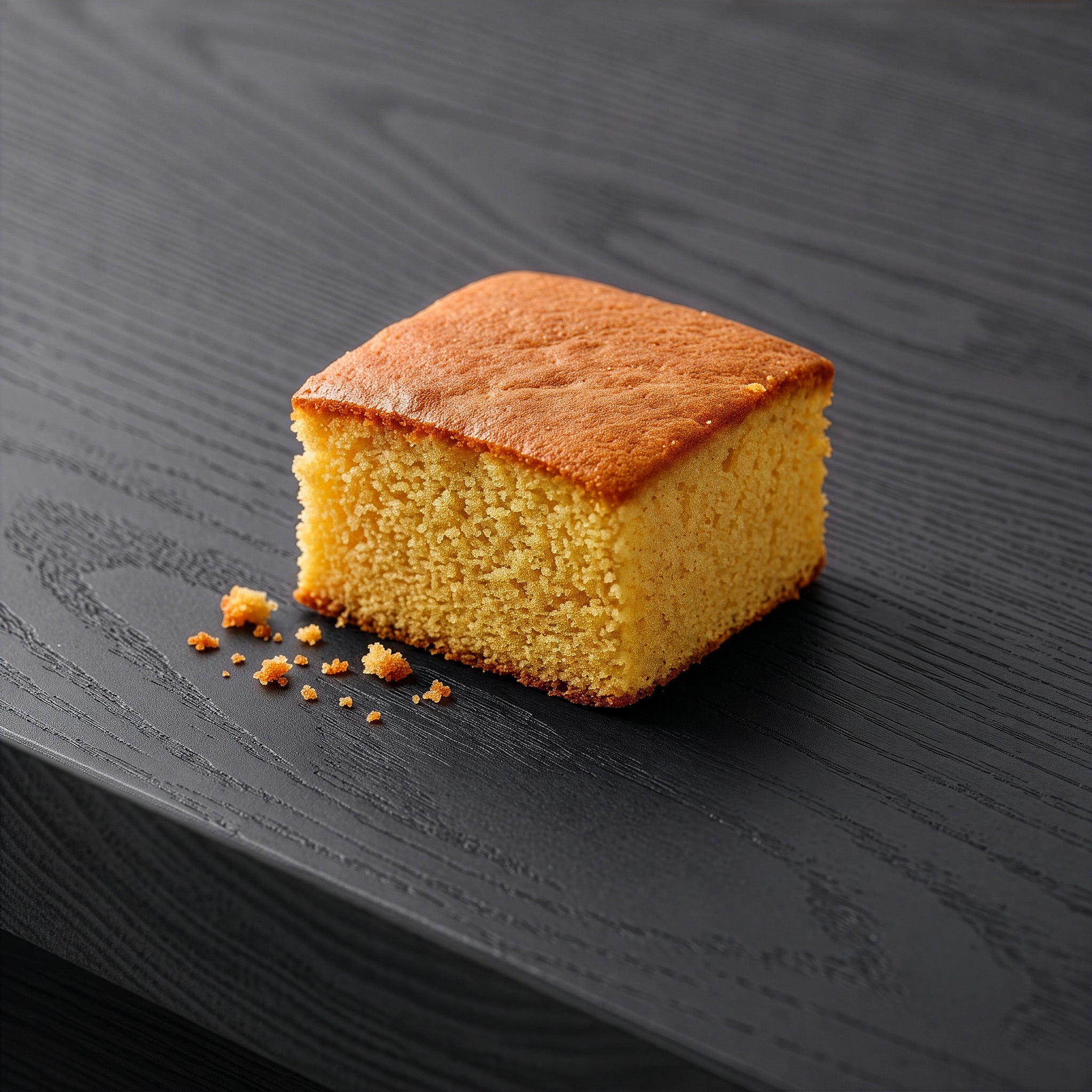 Square cake on a dark charcoal table top.