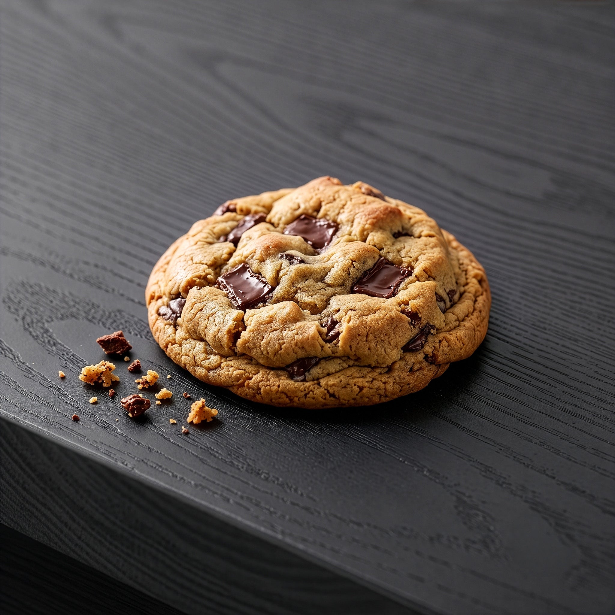 Chocolate chip cookie on a dark charcoal table top.