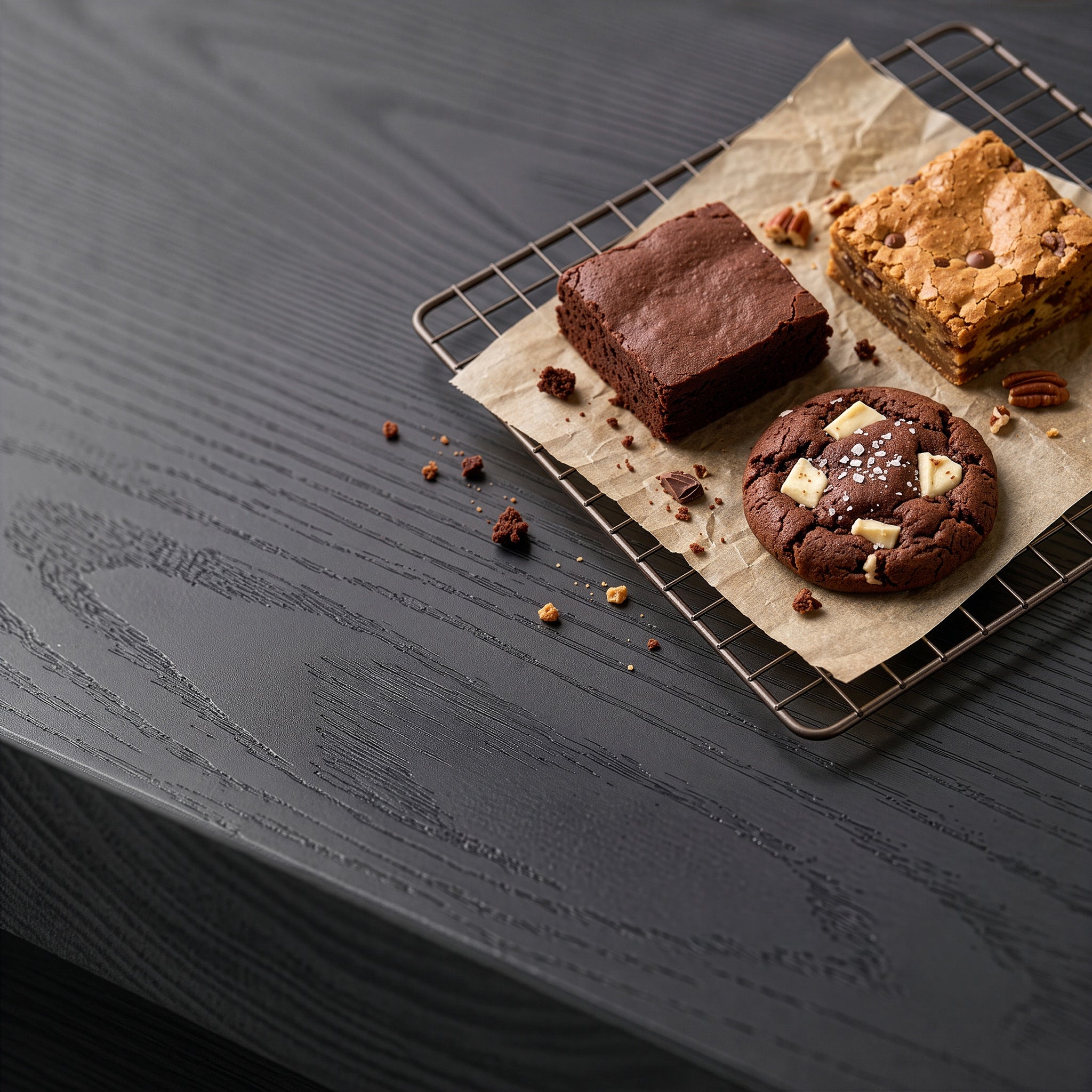 Brownie, blondie, and cookie, fresh out the oven, on a dark charcoal table top.