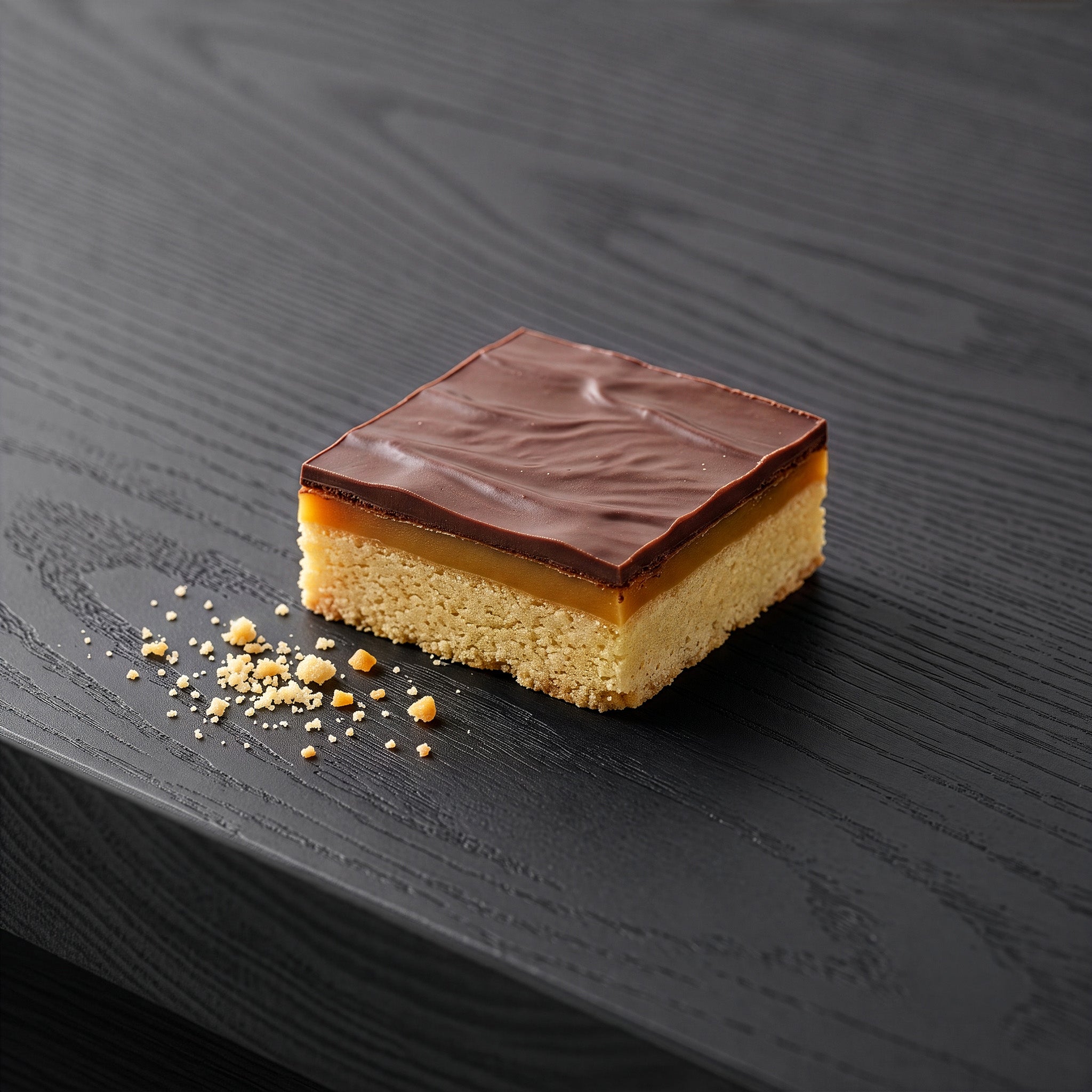 Millionaire Shortbread on a dark charcoal table top.