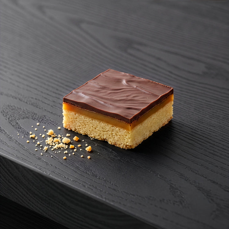 Millionaire Shortbread on a dark charcoal table top.