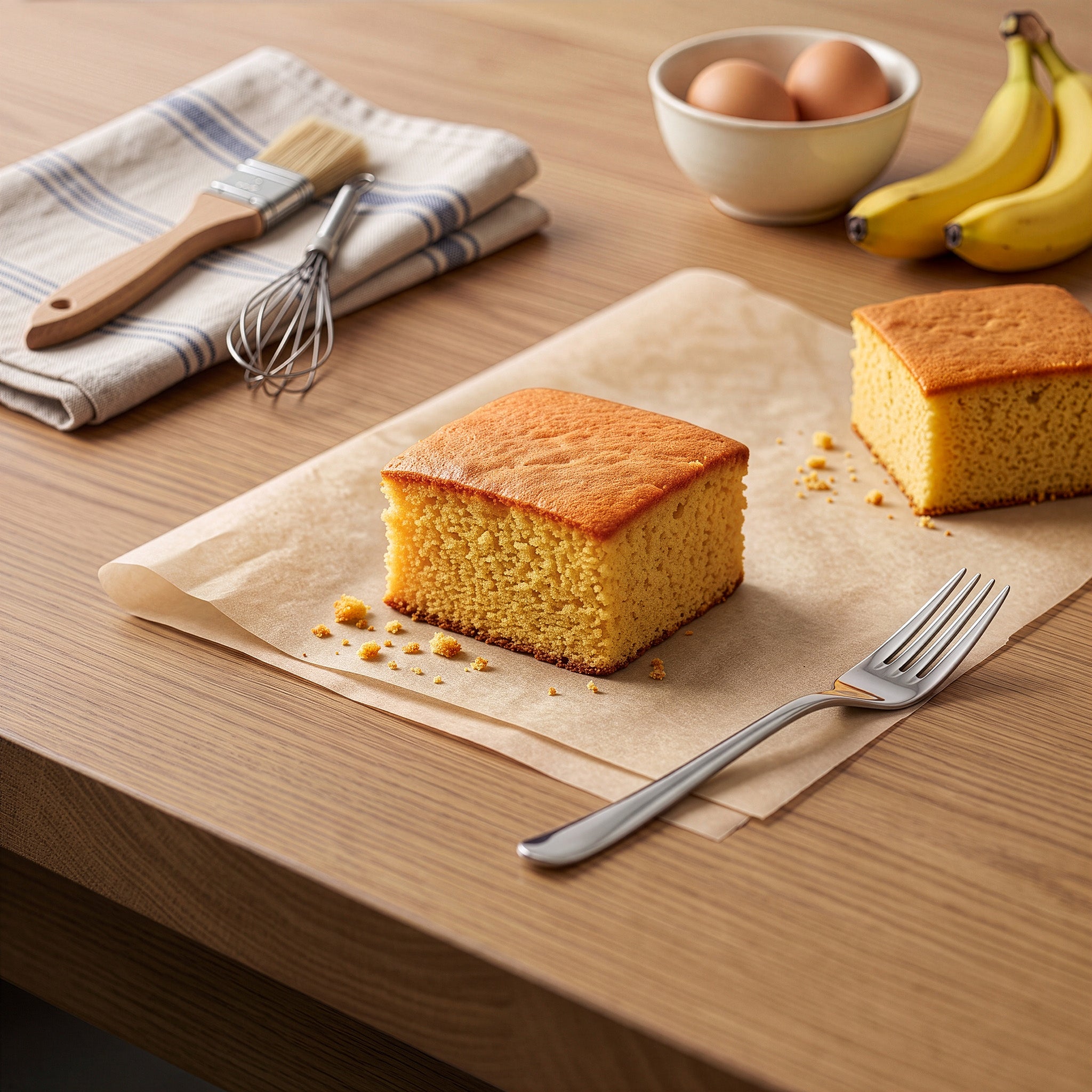 Two banana cakes on parchment paper on a wooden table, with a fork, a striped napkin, a whisk, a paintbrush, a small bowl of eggs, and bananas in the background.