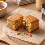 Banana cake broken in half on parchment paper showing its soft, moist crumb, with crumbs, a wooden spoon and a bowl of cinnamon nearby.