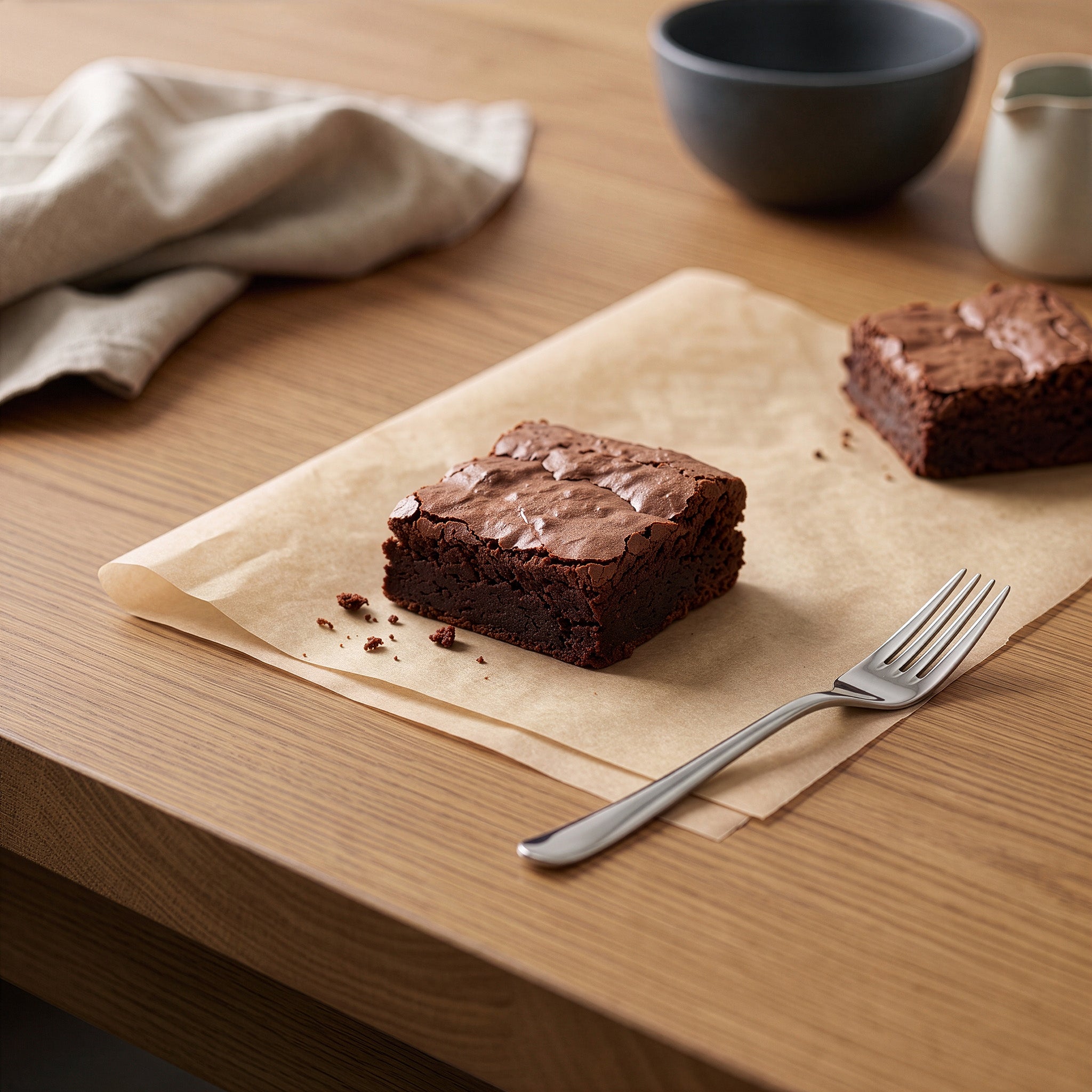 Two chocolate brownies on parchment paper on a wooden table, with a fork in the foreground and a dark bowl and cream pitcher blurred in the background.