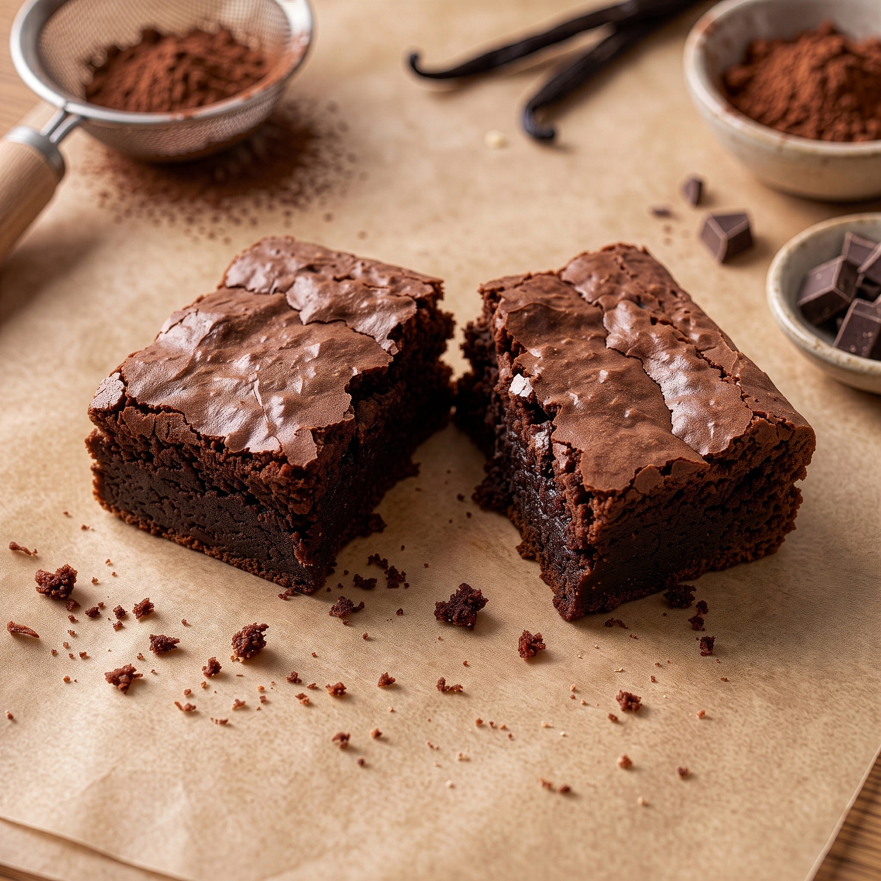 Chocolate brownie broken open on parchment paper showing its fudgy centre and crackly top.