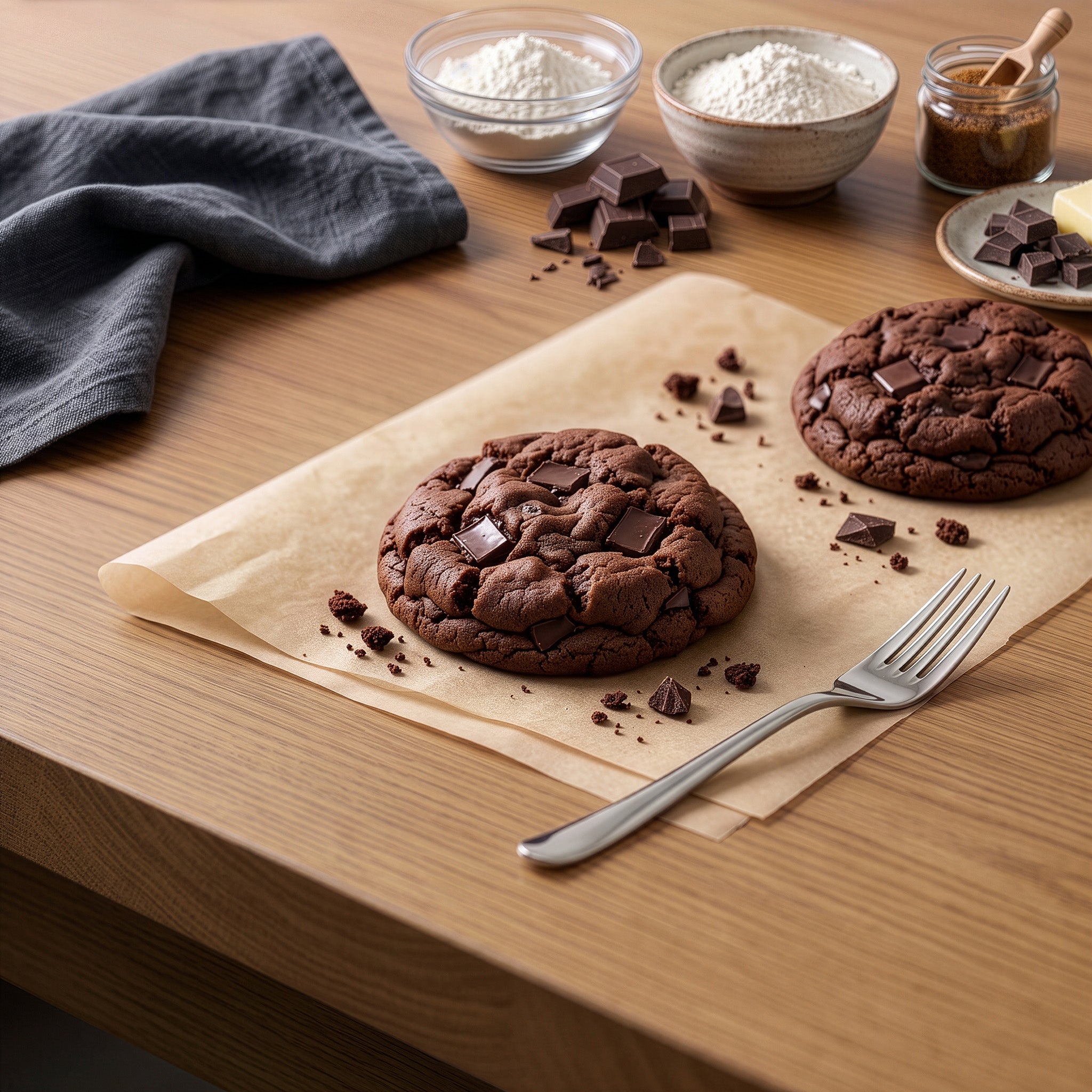 Two chocolate chip cookies on parchment paper on a wooden table, with bowls of flour, chocolate chunks, and a fork nearby.