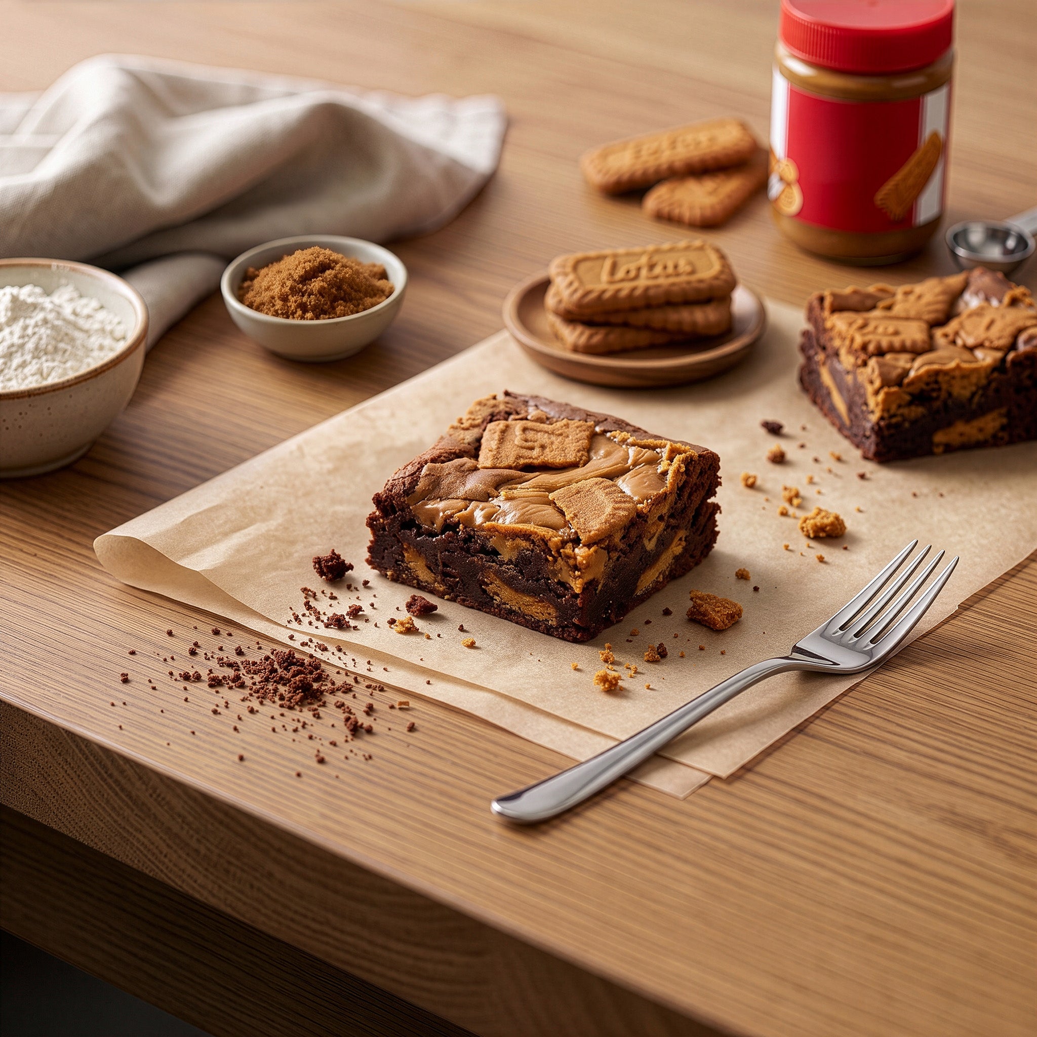 Two Lotus Biscoff brownies on parchment paper, alongside a fork, bowls of ingredients, biscuits, and a jar of peanut butter on a wooden surface.