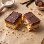 Millionaire shortbread cut open on parchment paper showing the shortbread base, caramel layer and chocolate top.