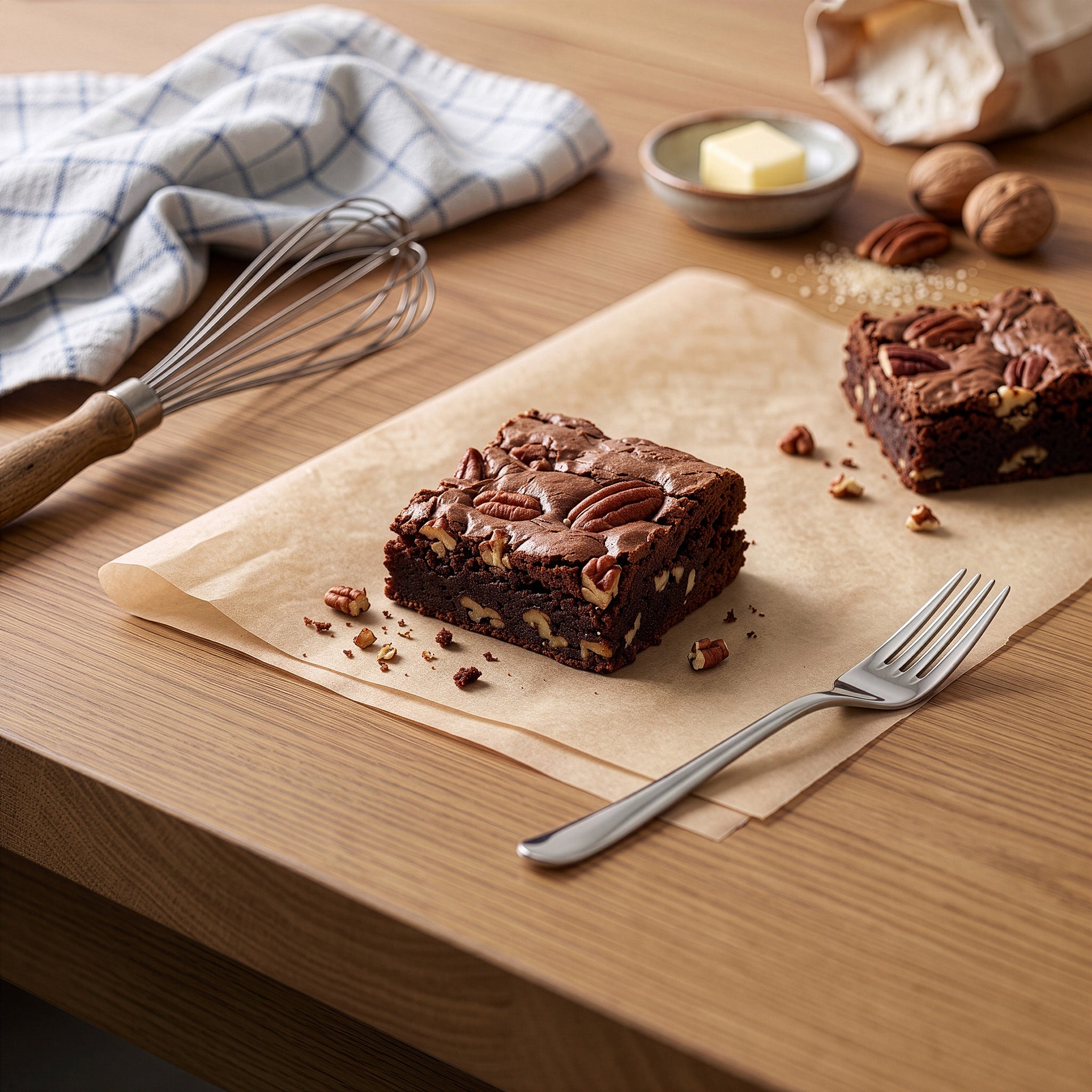 Two Nutella and Pecan brownies on parchment paper on a wooden table, styled with a fork, whisk, butter, and walnuts.