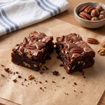 Nutella and pecan brownie broken open on parchment paper showing the fudgy centre and pecan pieces.