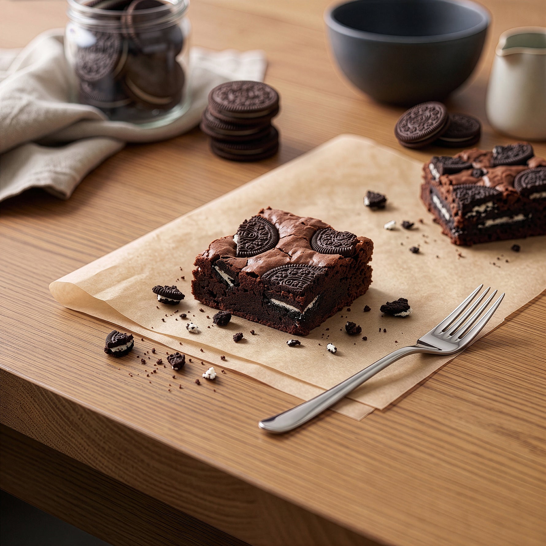 Two Oreo brownies on parchment paper, set on a wooden table with a fork, a jar of cookies, and other baking items in the background.