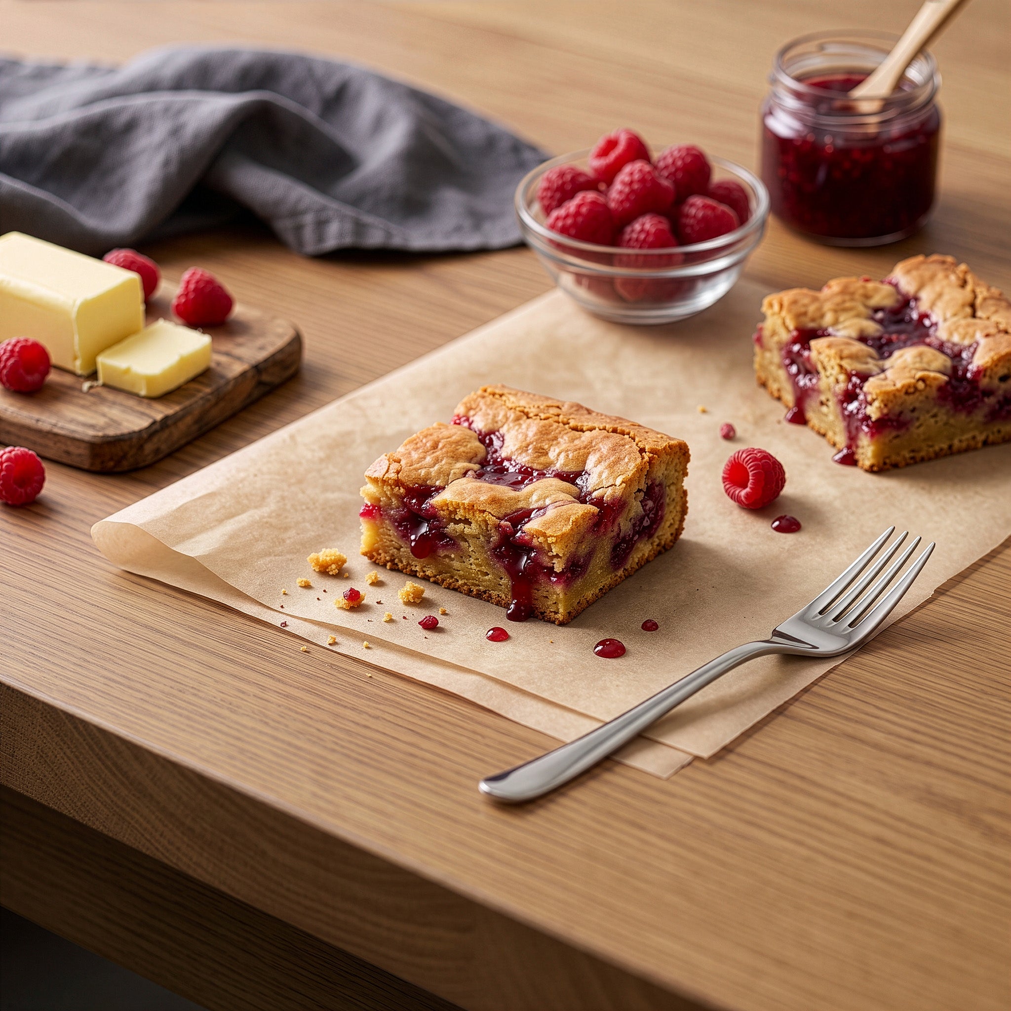 Two Raspberry Jam blondies on a sheet of parchment paper on a wooden table, styled with a glass bowl of raspberries, a jar of raspberry jam, butter, and a fork.