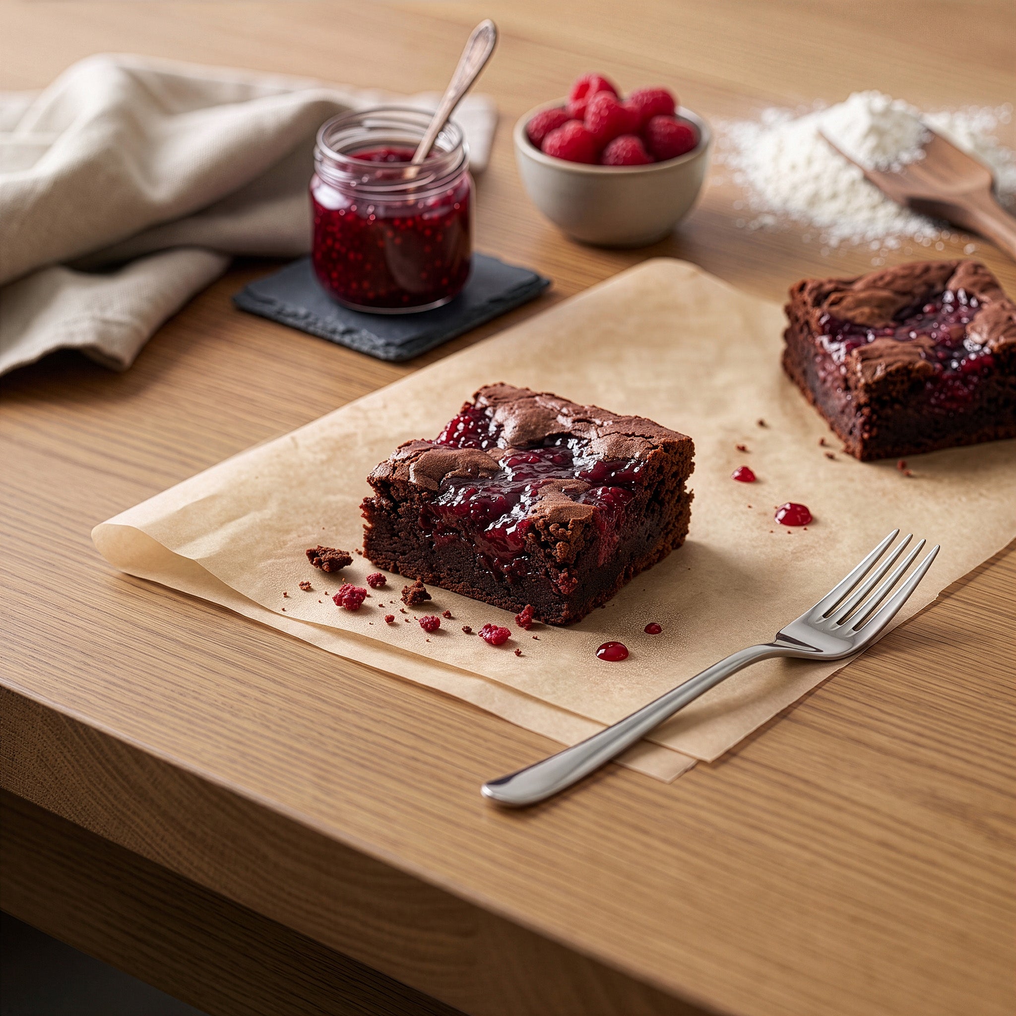 Two Raspberry Jam brownies on parchment paper on a wooden table, with a glass jar of raspberry jam, a bowl of fresh raspberries, flour, and a fork nearby.