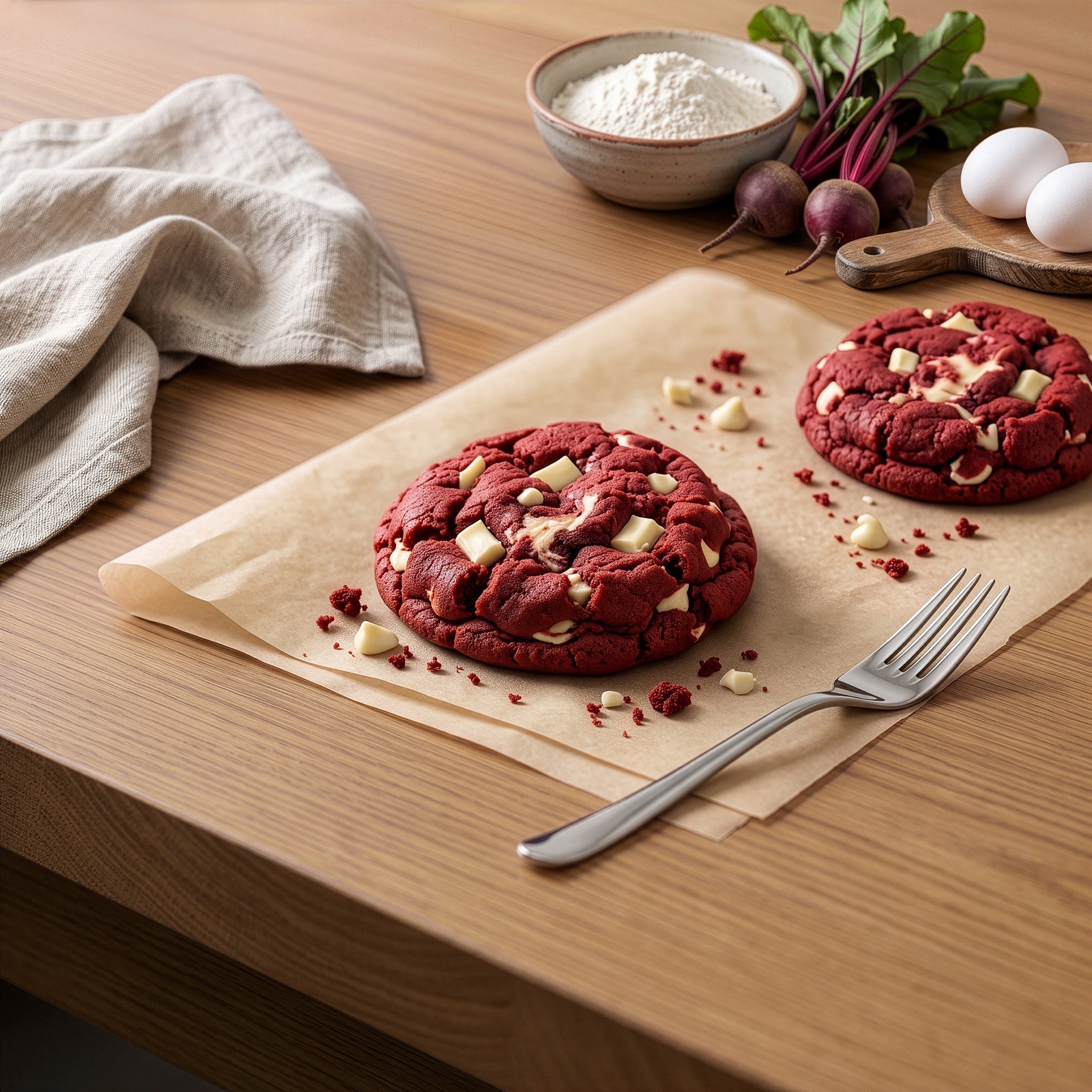 Two red velvet white chocolate cookies on parchment paper on a wooden table, with a fork, a cloth napkin, a bowl of flour, beets, and eggs in the background.