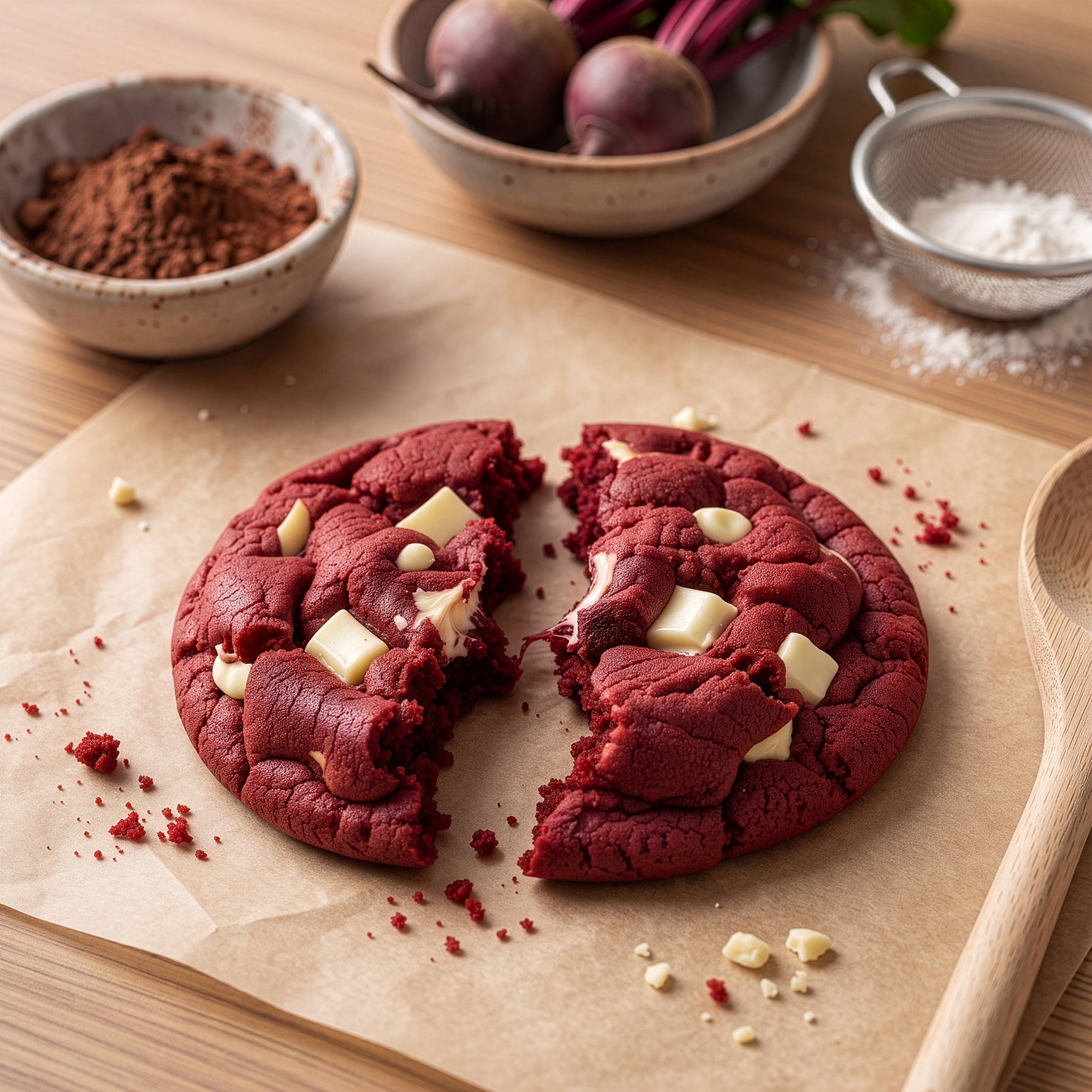 Red velvet cookie broken in half on parchment paper showing white chocolate pieces inside.