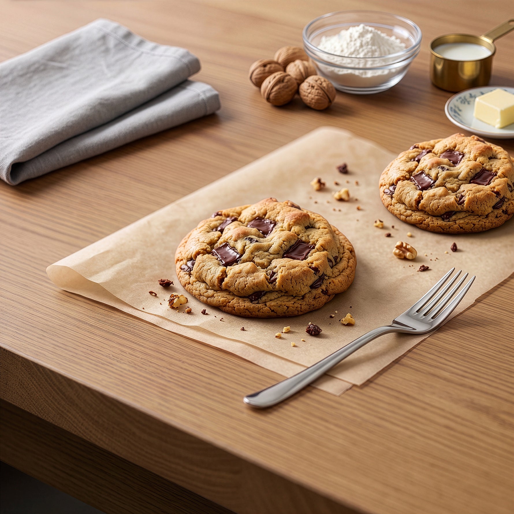 Two Walnut chocolate chip cookies on parchment paper on a wooden table, with a fork, flour, walnuts, butter, and a folded napkin nearby.